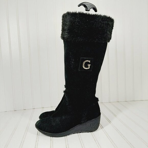 Guess Black Suede Leather Fur Winter Wedge Heel Riding Grip Sole Boots C267 - Picture 1 of 11